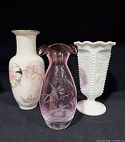 Three vases grouped: Lenox pink ombré glass, milk glass grapevine, ceramic floral Japan