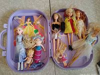 Open lavender Disney case containing book and assorted dolls