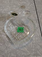 Strawberry shaped clear crystal bowl with Honour Crystal label and lot sticker visible