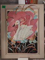Front view of swan and flower board print with mat border