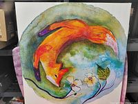 Full view of fox and floral canvas wall art on frame
