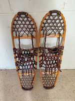 Full view of both snowshoes front side showing frames, webbing, bindings