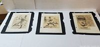 All three mounted caricature pages side by side
