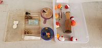 overall lot showing tackle box, line winder, split-shot dispenser and bin of bobbers, float and lure