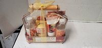 Front view of sealed bath caddy set
