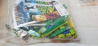 Plastic bag of loose LEGO pieces showing folded instruction sheet and assorted green bricks