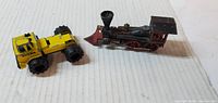 Top view of yellow Tonka truck and black steam locomotive
