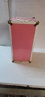 Closed pink doll case standing upright showing exterior panels, white trim and corner hardware
