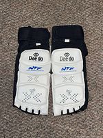 Front view of both shin/instep guards showing Daedo and WTF logos, padded areas and toe loops