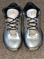 Top view pair showing uppers, laces, tongue logos, toe scuffs