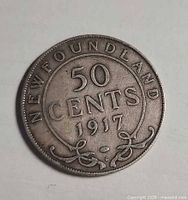 Reverse of 1917 Newfoundland 50-cent coin showing denomination and date