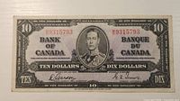 Obverse of 1937 Canadian $10 note showing King George VI portrait and serial number