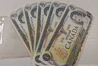 Fronts of five 1973 Canadian $1 banknotes fanned out showing serial numbers, colour and portrait