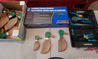 Boxed kneeler, garden tool set in case, individual pruner, three sample duck decoys