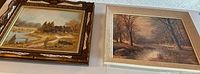 Two framed landscape paintings hanging side by side