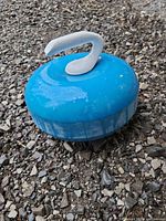 Curling stone full view showing blue body and white handle
