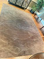 Overall view of the rectangular rug on hardwood floor showing pattern and size