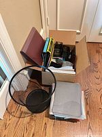 overall lot with wastebasket and box of supplies