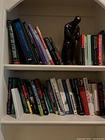 Overview of both shelves showing statue and mixed books