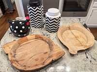 Overview showing both wood trays, two chevron canisters and hen cookie jar