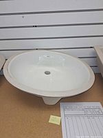 Full view of oval sink showing rim, drain opening, overall style
