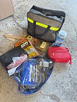 Full layout of vehicle safety items on floor