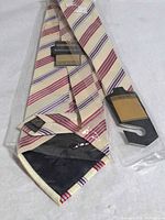 Front view of tie in protective sleeve showing stripe pattern and tags