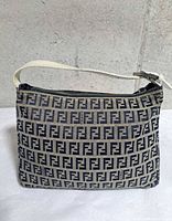 Front view of Fendi Zucchino canvas mini bag showing monogram pattern and wrist strap