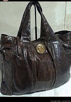 Front view showing python-embossed leather, gold medallion, handles