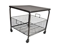 Full table view showing square top, mesh basket and castors