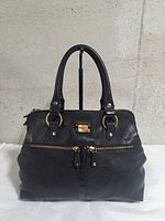 Front view showing leather texture, handles, gold logo plate, front zip pocket