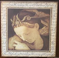 Front view of square sepia woman portrait canvas with script border