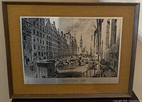 Front view of framed steel etching showing image, mat and frame