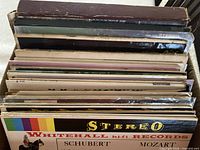 Box of LP records viewed from top, showing record spines and Whitehall Hi-Fi Records jacket