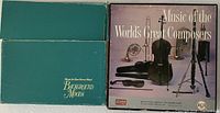 Both box sets side by side: green Background Moods cases and Composer set with instrument photo cover
