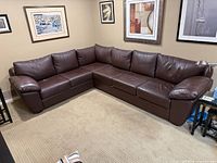 Full view of brown leather sectional