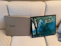 Hardcover book beside illustrated slipcase on couch