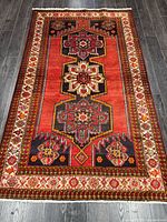 Full view of rug showing field, borders and fringe