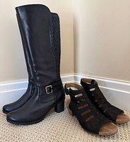 Side-by-side view of both footwear pairs: Remonte boots and Clarks sandals