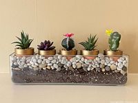 Front view of entire terrarium showing five faux plants in glass container