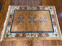 Full view of rug showing pattern and fringe