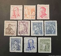 Front view of all ten Czechoslovakia stamps showing designs and denominations
