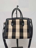 Full front view on stand displaying handbag design and gingham panel