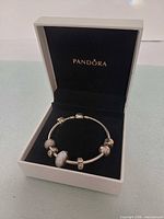 Bracelet displayed in open Pandora box showing charms and interior branding