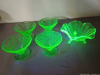 Uranium glass pieces glowing under UV light