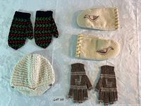Group shot of two mitten pairs, one glove pair, and knit hat