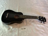 Front view of black Denver soprano ukulele showing body, fretboard and strings