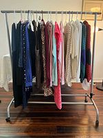 Full view of clothing rack with assorted garments