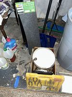 Lot overview showing stair treads package, tool kit, buckets, shovels and cleaners