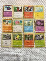 Front view of all 12 Pokémon cards laid out in grid